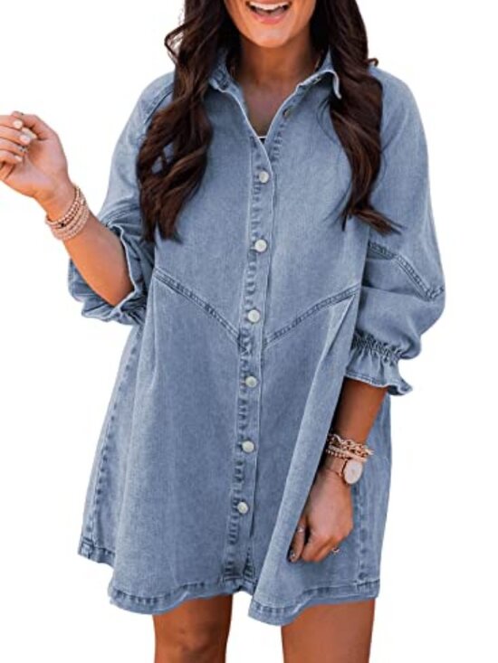 Branded Dresses & Skirts - Womens Smocked 3 4 Sleeve Button Down Denim Jeans Dresses